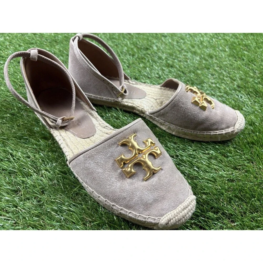 Tory Burch Eleanor Dorsay Logo Plaque Espadrilles Sz 7.5 Ankle Strap